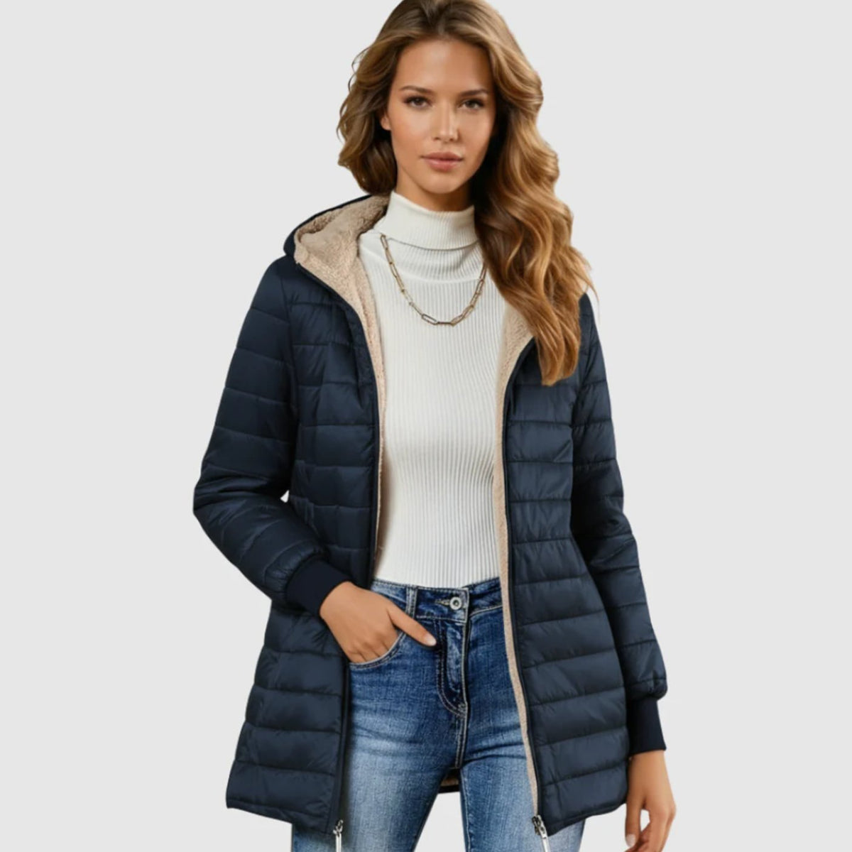 Women's Sherpa-Lined Hooded Puffer Winter Coat - Blue