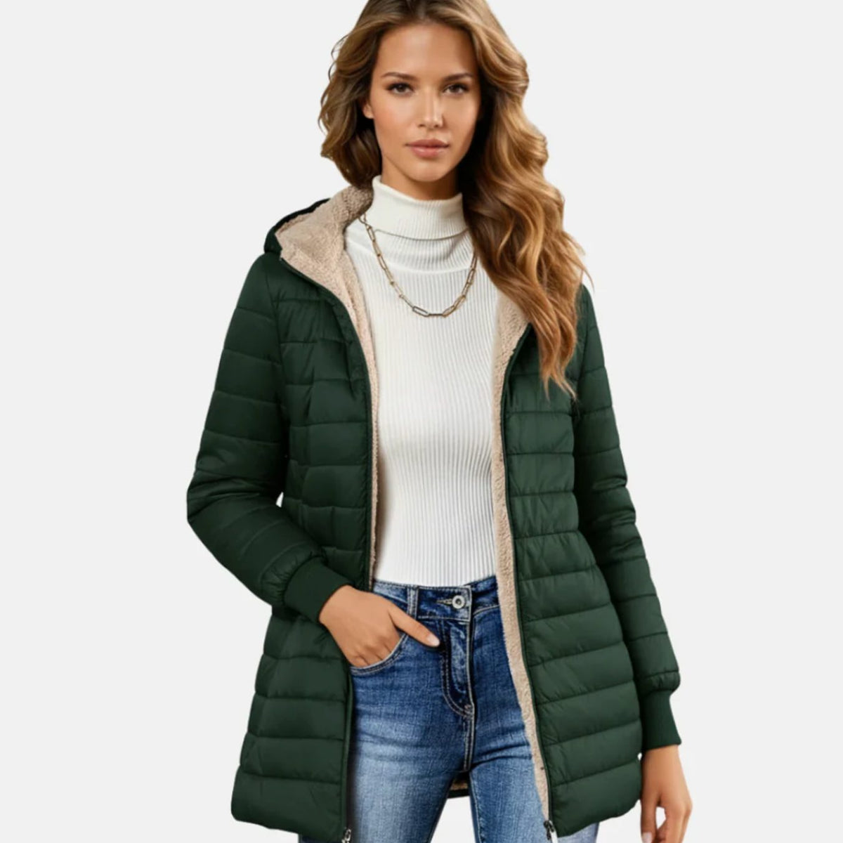 Women's Sherpa-Lined Hooded Puffer Winter Coat - Green