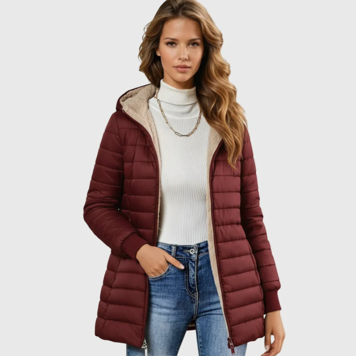 Women's Sherpa-Lined Hooded Puffer Winter Coat - Red
