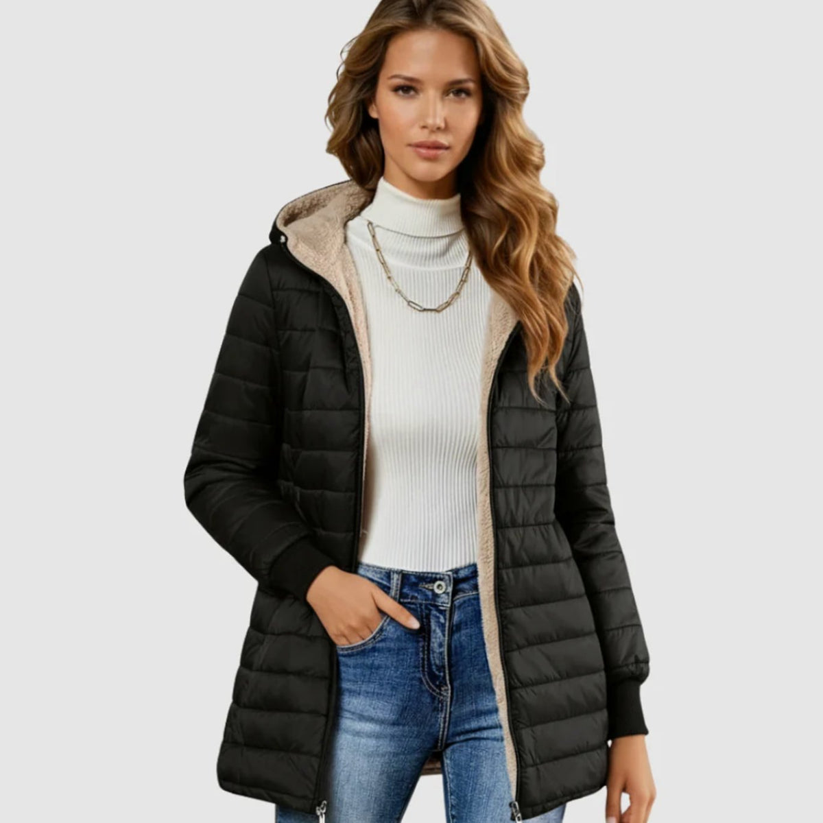 Women's Sherpa-Lined Hooded Puffer Winter Coat - Black