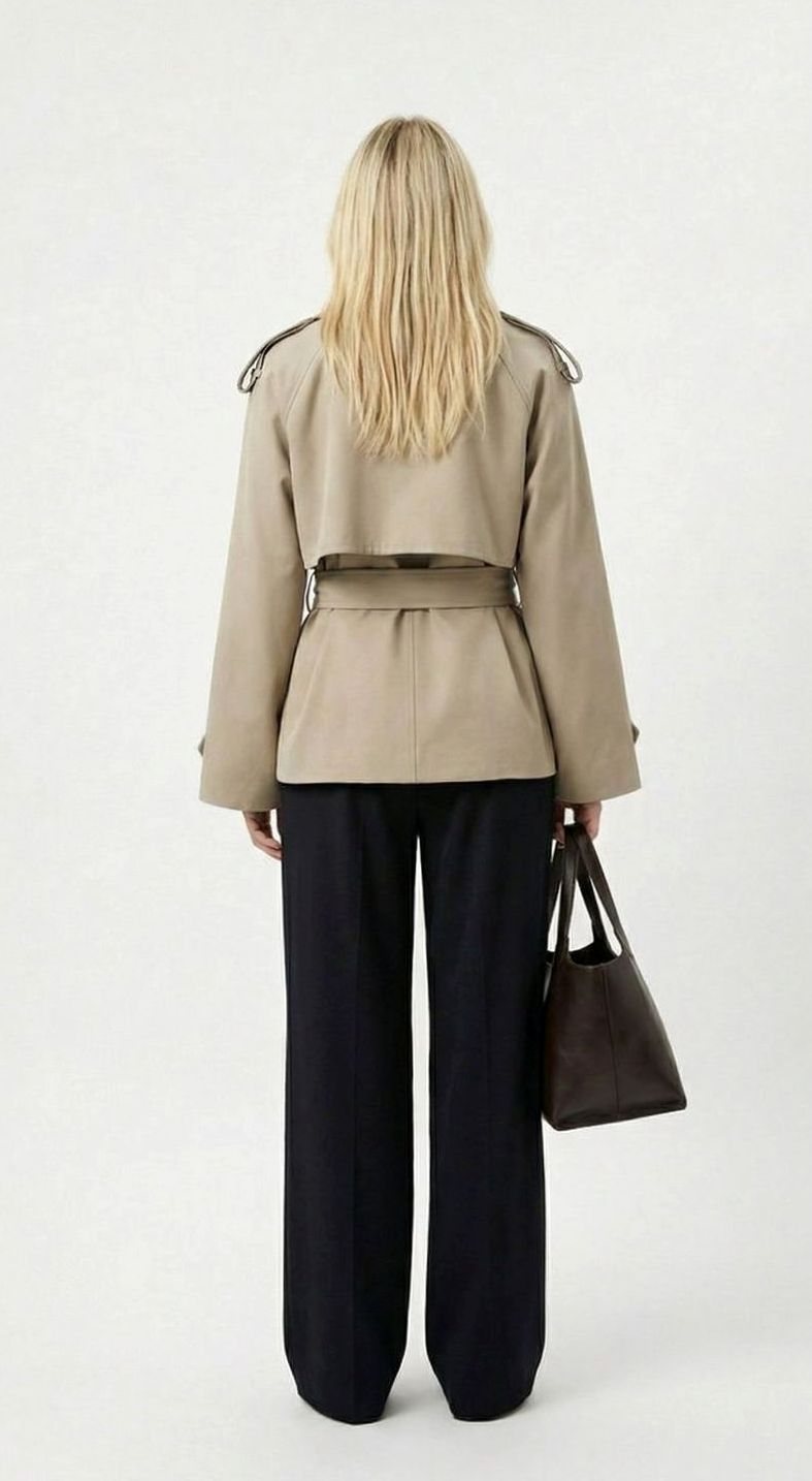 Women's Short Belted Khaki Trench Coat Cropped Double-Breasted