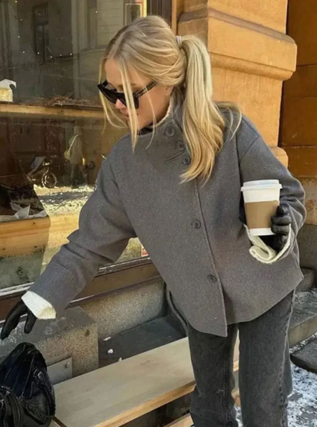 Women's Short Button-Up High-Collar Wool Coat - Grey