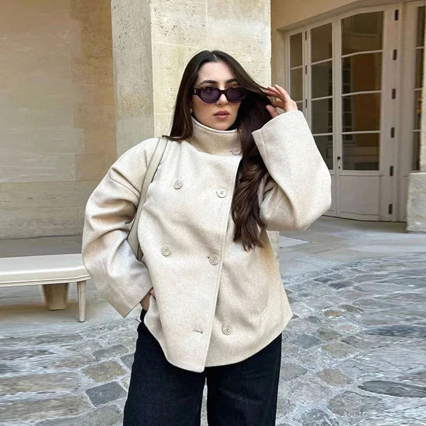 Women's Short Button-Up High-Collar Wool Coat - Apricot