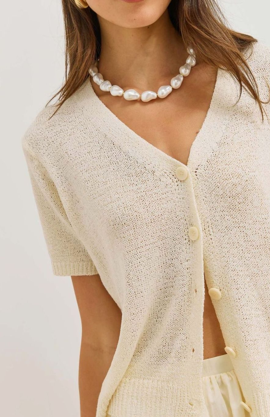 Women's Short-Sleeve V-Neck Button-Up Knit Cardigan - White