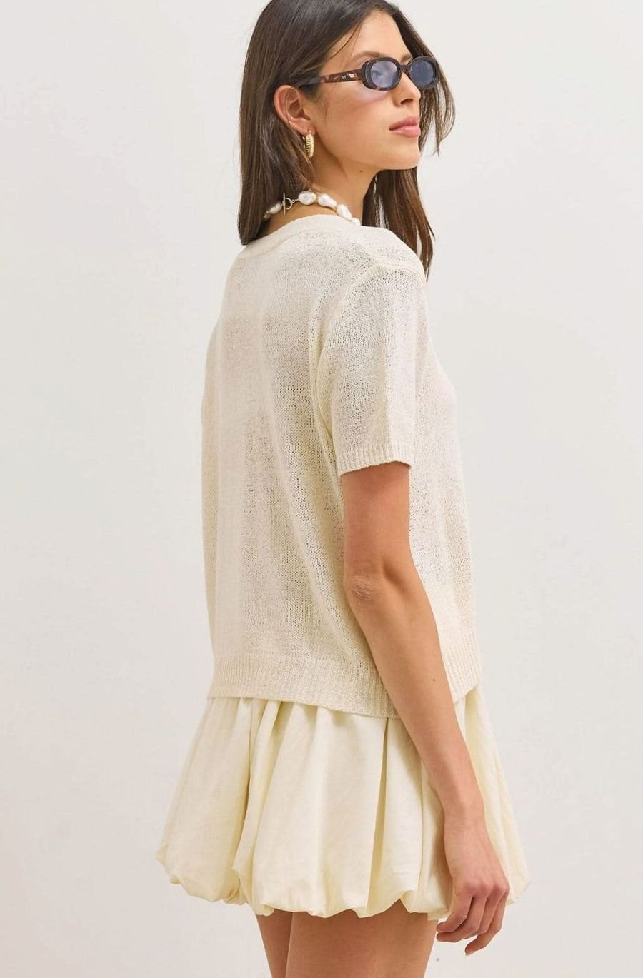 Women's Short-Sleeve V-Neck Button-Up Knit Cardigan
