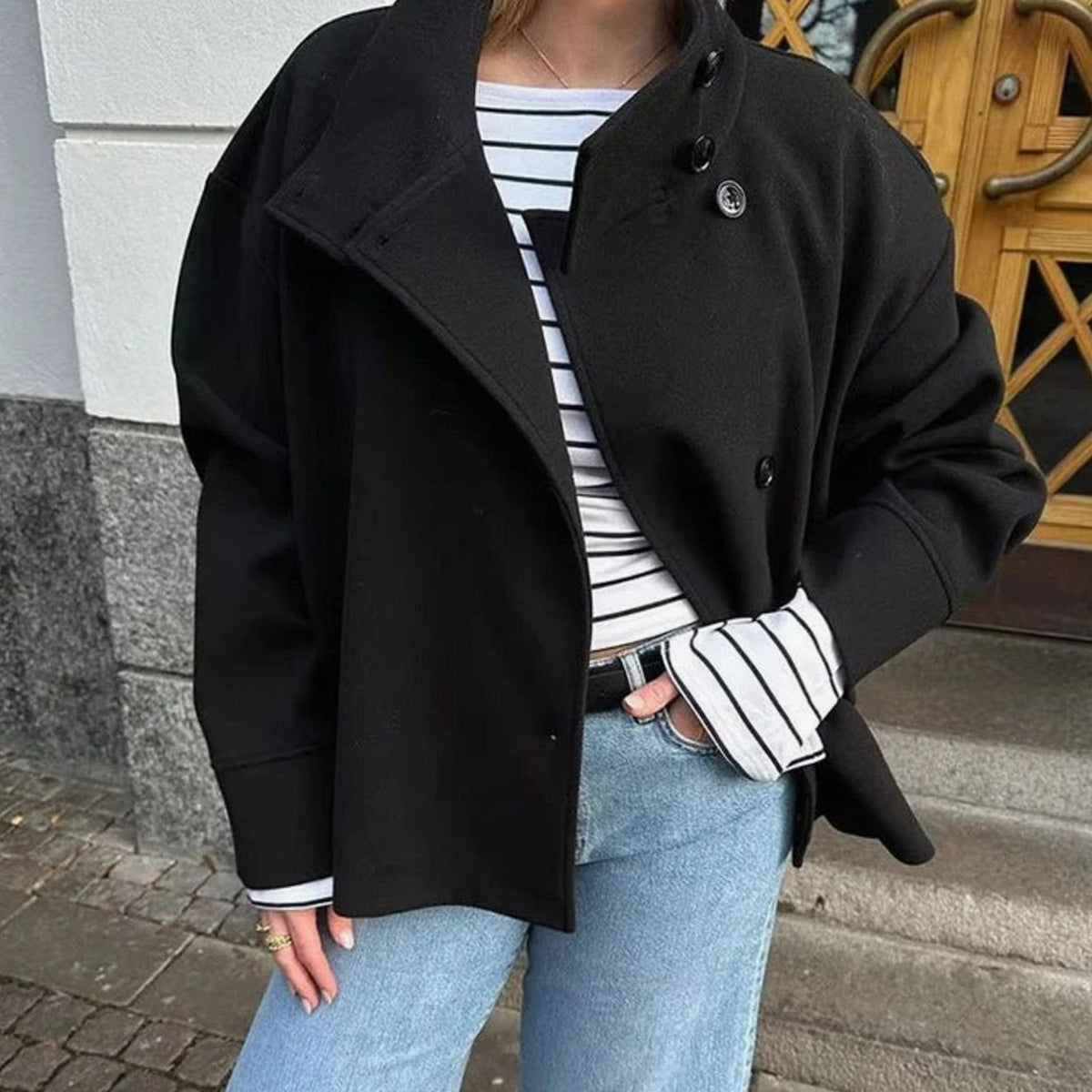 Women's Short Wool Coat High-Neck Button-Front Jacket - Black