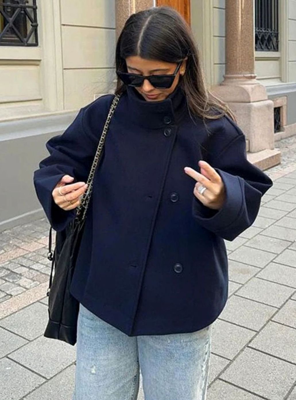 Women's Short Wool Coat High-Neck Button-Front Jacket - Navy Blue