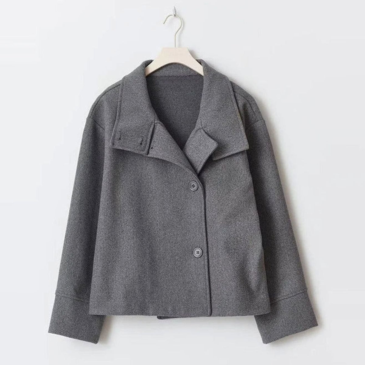 Women's Short Wool Coat High-Neck Button-Front Jacket - Dark Grey