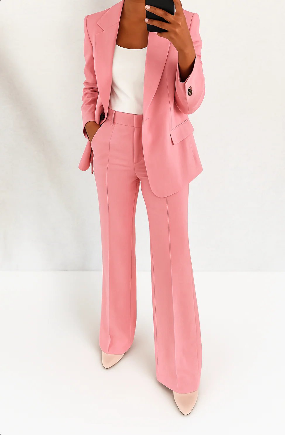 Women's Single-Button Straight-Leg Two-Piece Tailored Suit - Pink