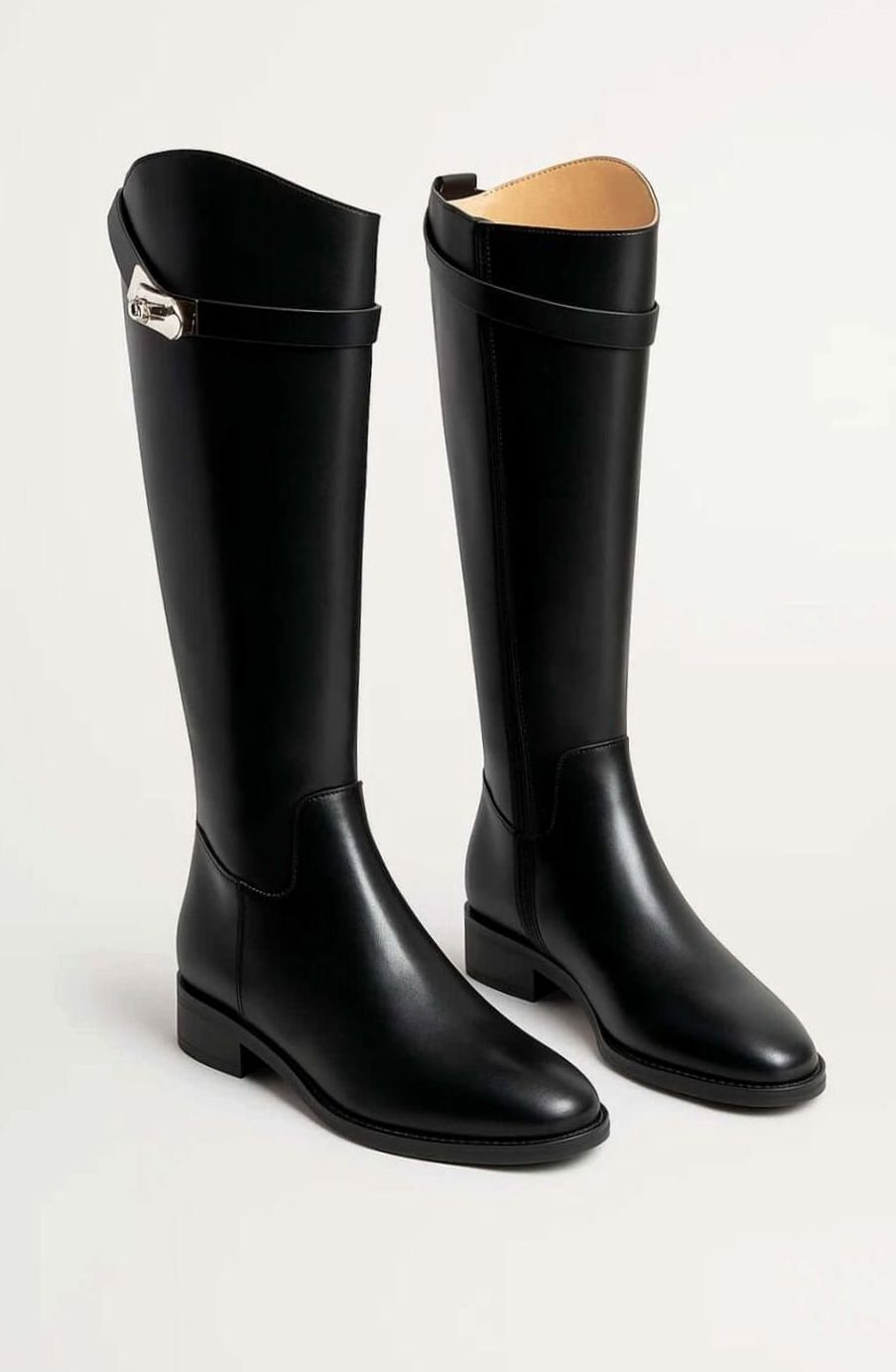 Women's Sleek Knee-High Riding Boots Buckle Detail - Black