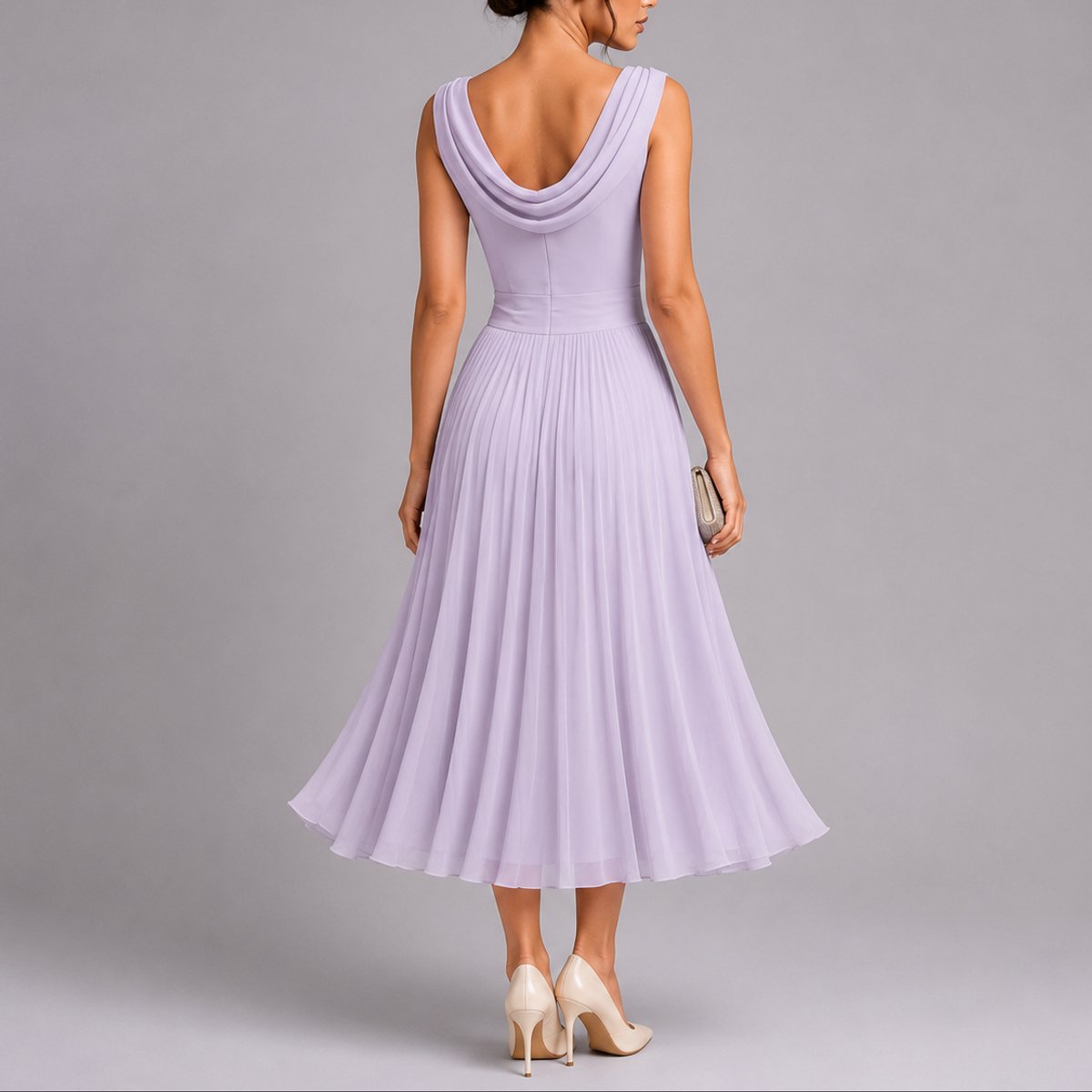 Women's Sleeveless Cowl-Neck Pleated Chiffon Midi Dress