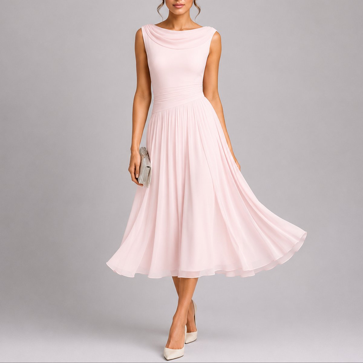 Women's Sleeveless Cowl-Neck Pleated Chiffon Midi Dress - Pink