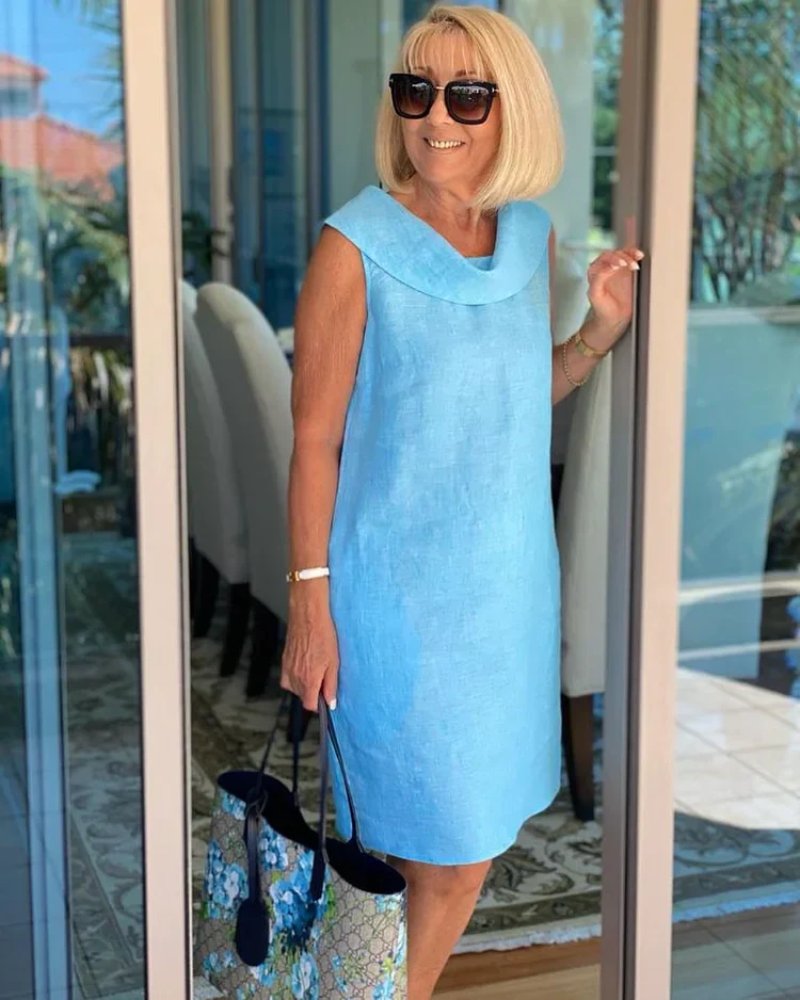 Women's Sleeveless Cowl-Neck Shift Summer Dress - Sky Blue