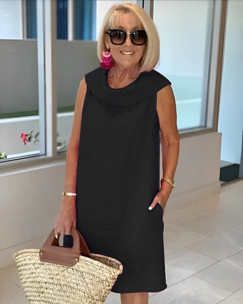 Women's Sleeveless Cowl-Neck Shift Summer Dress - Black
