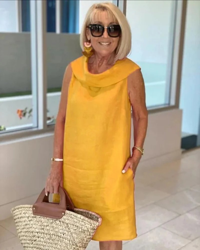 Women's Sleeveless Cowl-Neck Shift Summer Dress - Yellow