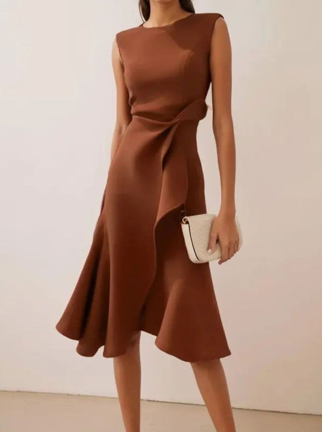 Women's Sleeveless Draped Asymmetric-Hem Midi Dress - Coffee Brown