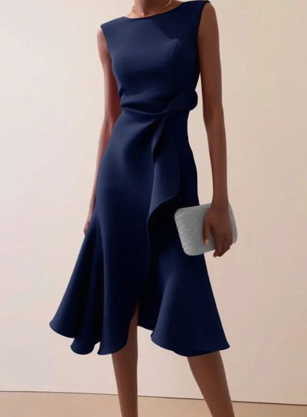 Women's Sleeveless Draped Asymmetric-Hem Midi Dress - Navy Blue