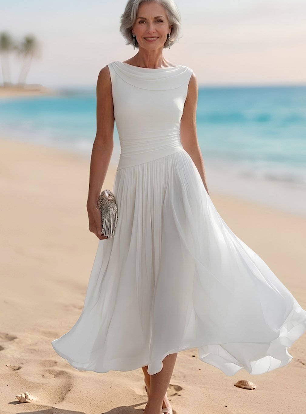 Women's Sleeveless Draped-Neck Pleated A-Line Midi Dress, White - White