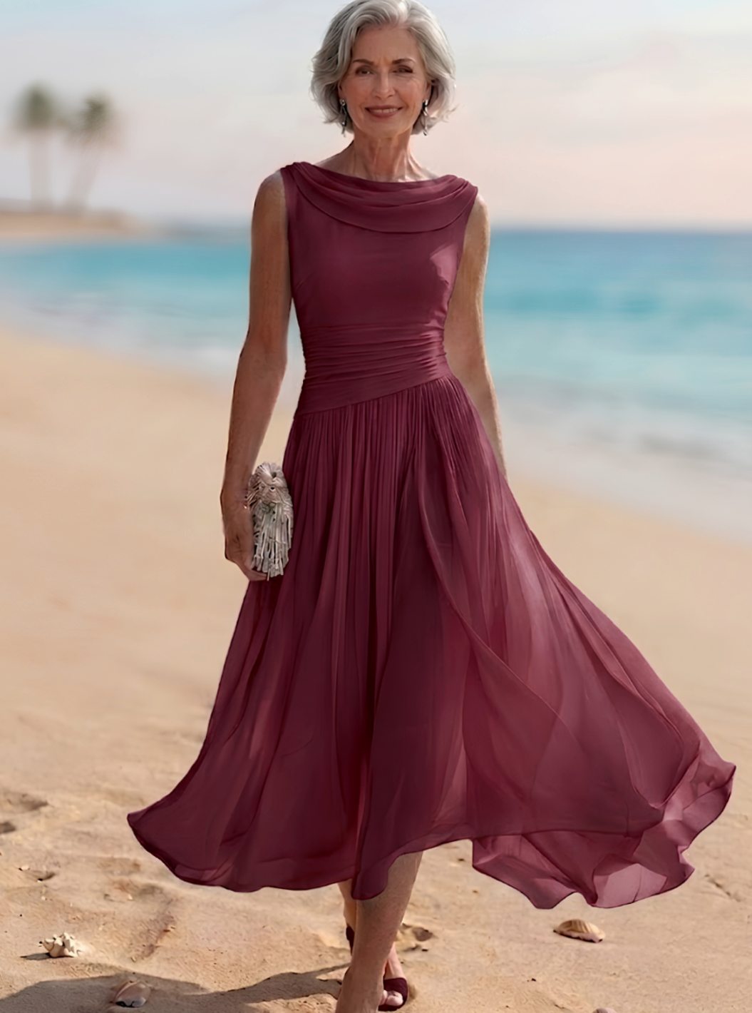 Women's Sleeveless Draped-Neck Pleated A-Line Midi Dress, White - Burgundy