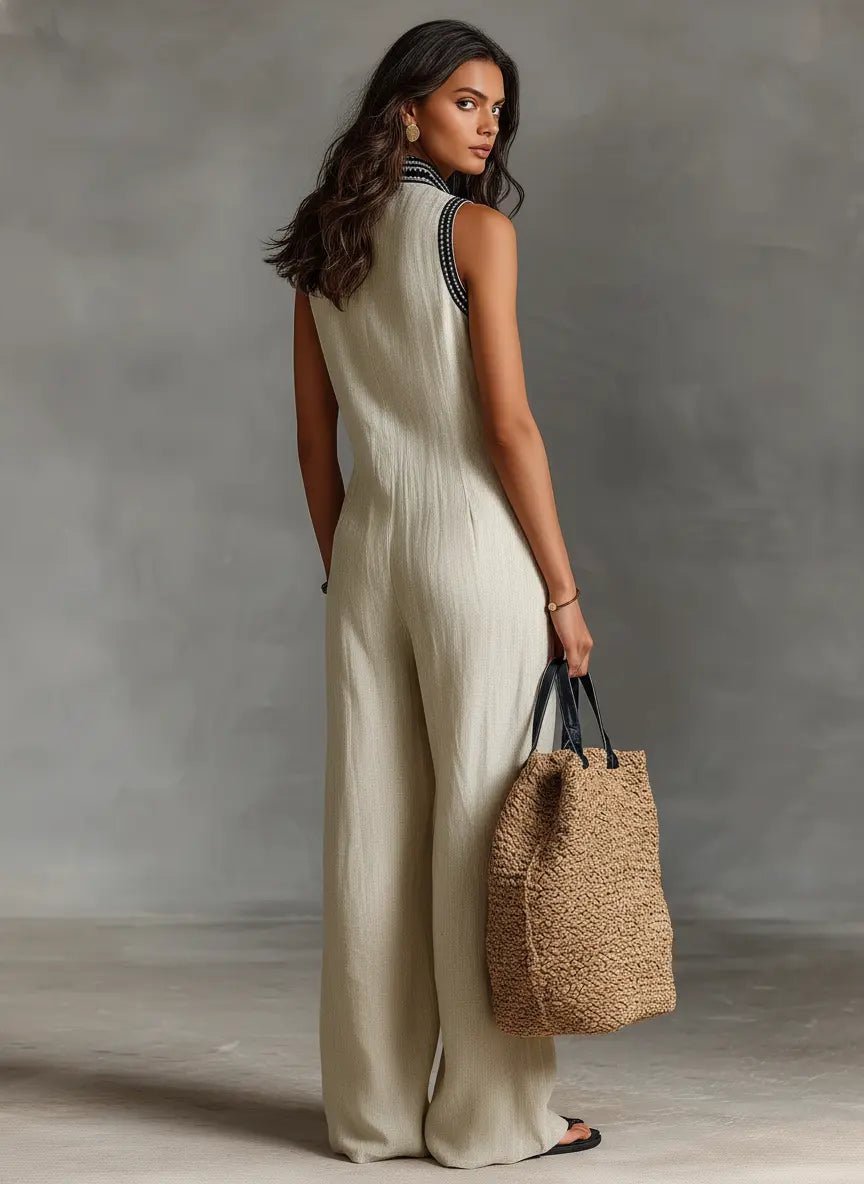 Women's Sleeveless Embroidered Linen-Blend Wide-Leg Jumpsuit