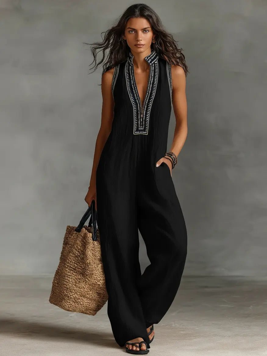 Women's Sleeveless Embroidered Linen-Blend Wide-Leg Jumpsuit - Black