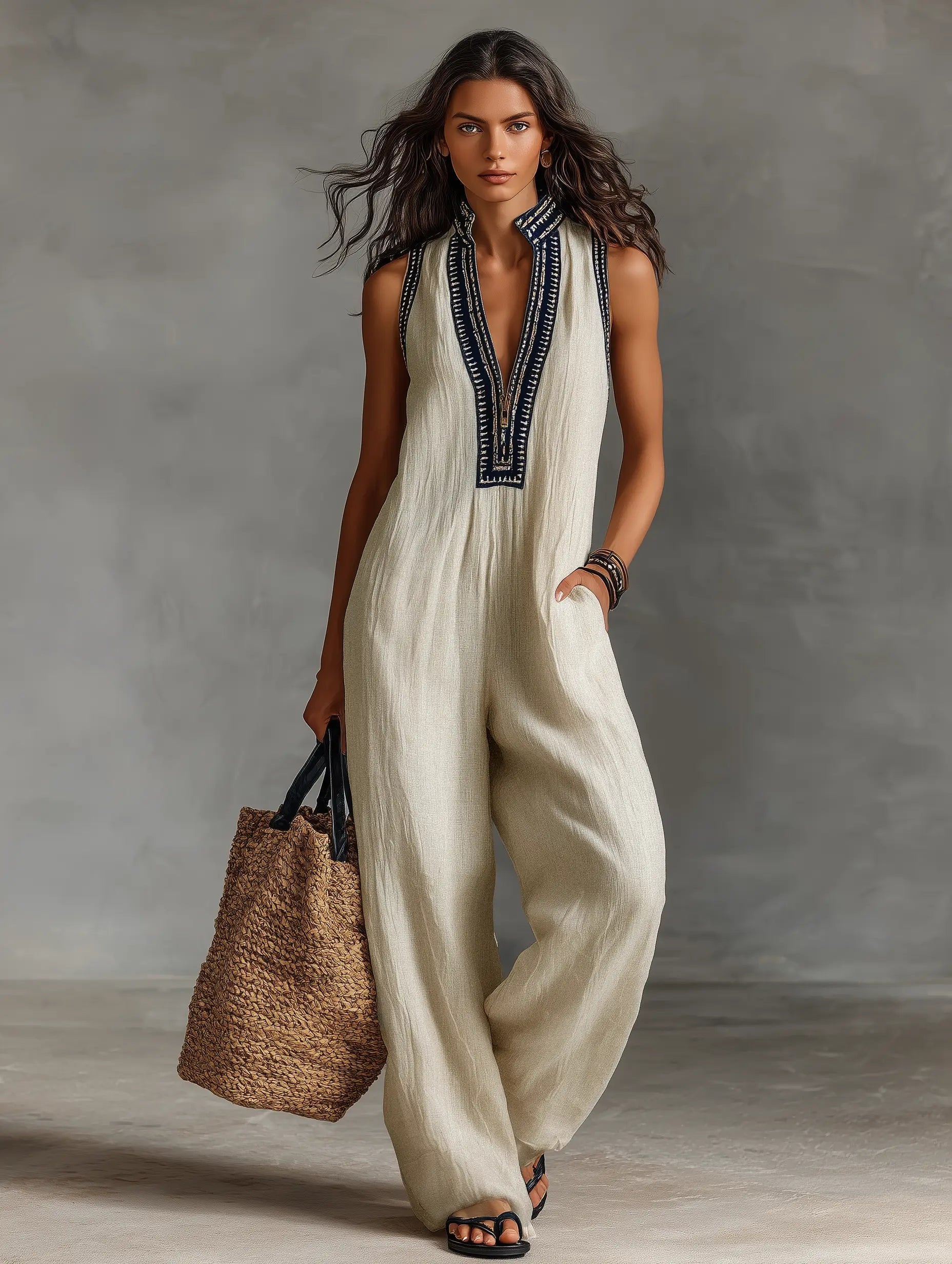 Women's Sleeveless Embroidered Linen-Blend Wide-Leg Jumpsuit