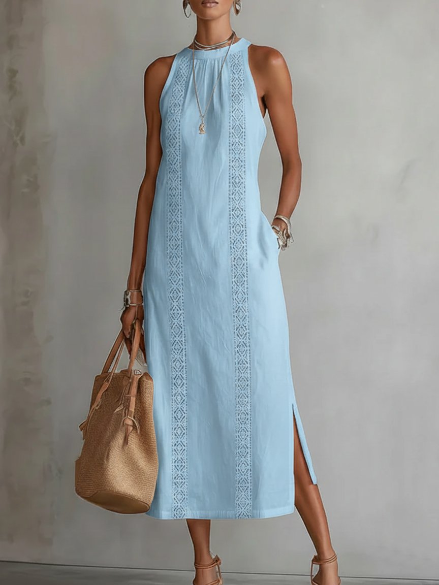 Women's Sleeveless Embroidered Round-Neck Midi Dress - Blue