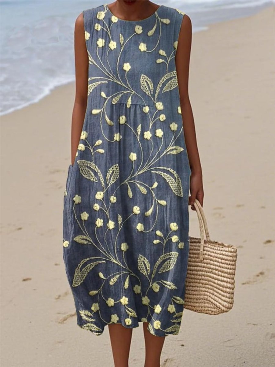 Women's Sleeveless Floral Print Relaxed-Fit Midi Dress - Blue