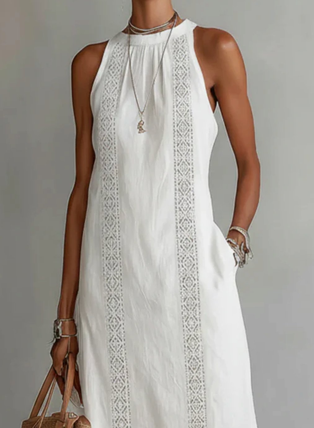 Women's Sleeveless Lace-Insert Midi Sundress with Side Slits