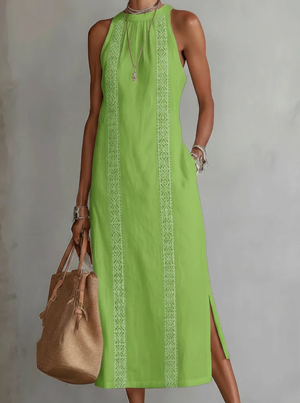 Women's Sleeveless Lace-Insert Midi Sundress with Side Slits - Green