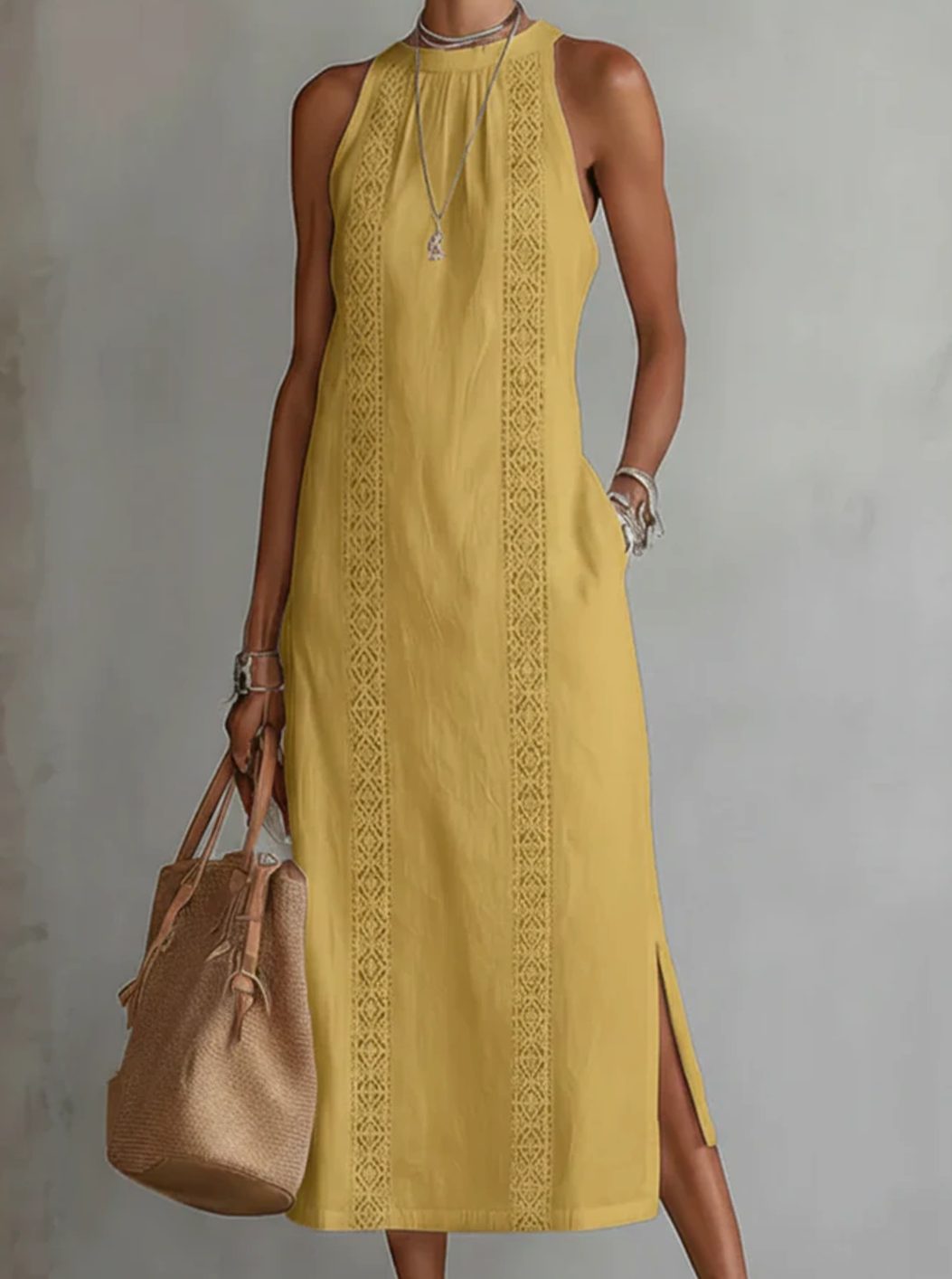 Women's Sleeveless Lace-Insert Midi Sundress with Side Slits - Yellow