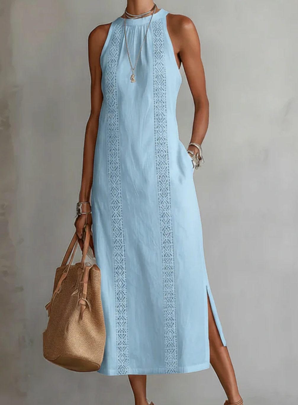 Women's Sleeveless Lace-Insert Midi Sundress with Side Slits - Blue