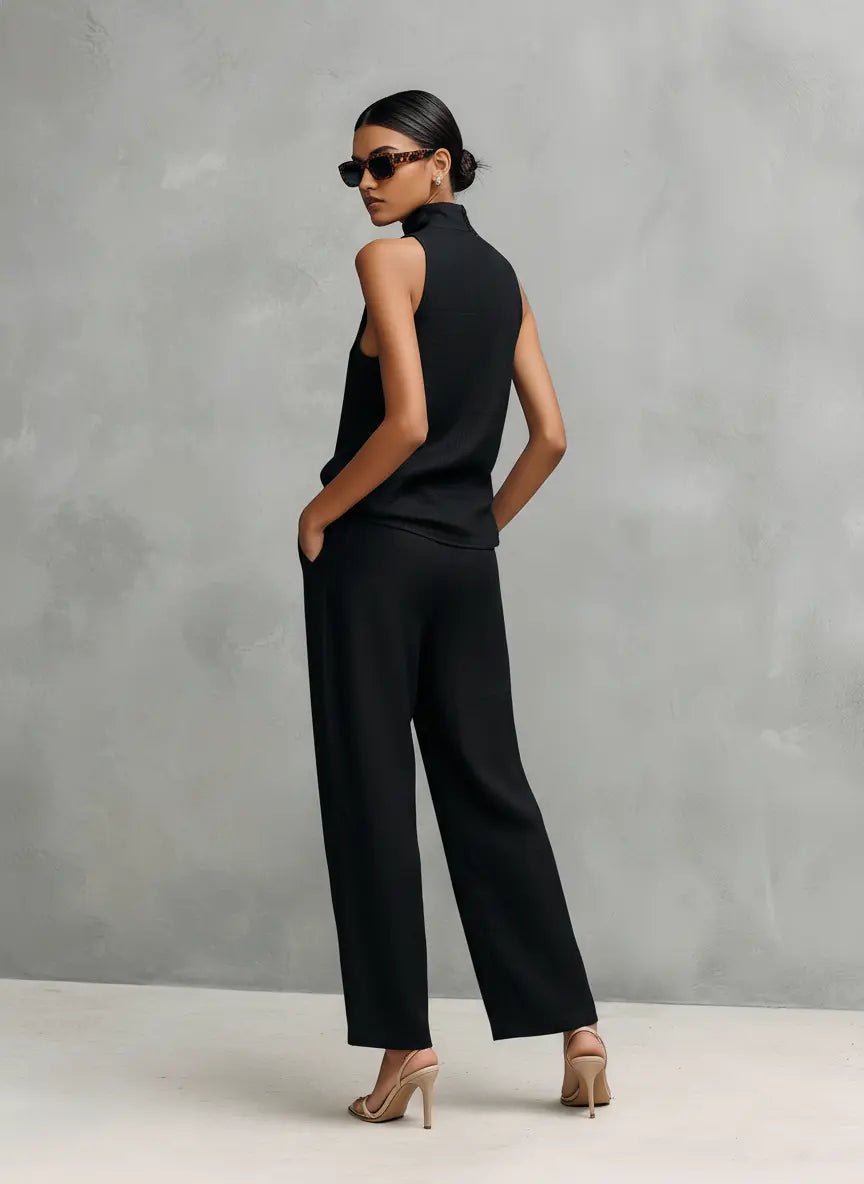 Women's Sleeveless Mock-Neck Cotton-Linen Two-Piece Trouser Set