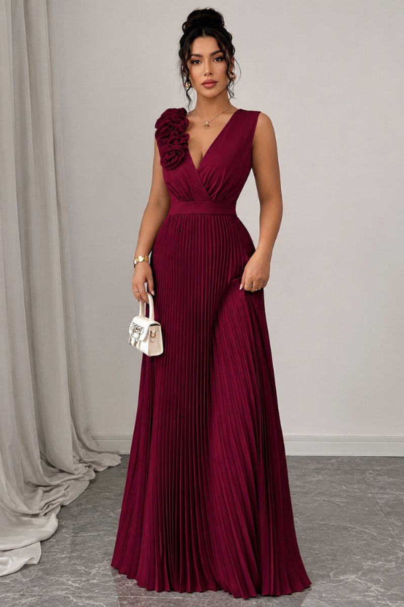 Women's Sleeveless Pleated Floral-Appliqué Maxi Evening Gown - Deep Red