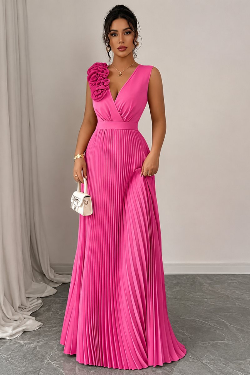 Women's Sleeveless Pleated Floral-Appliqué Maxi Evening Gown - Rose Red