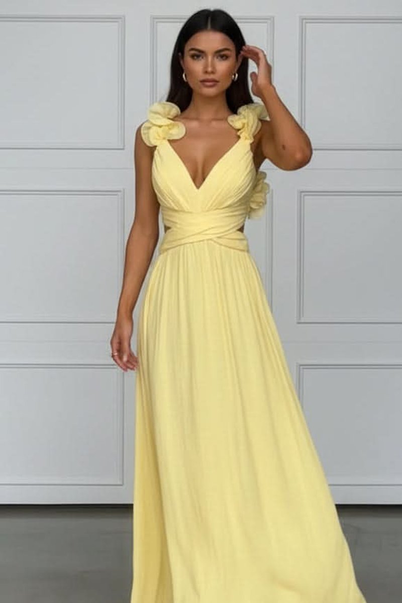 Women's Sleeveless Pleated Floral-Appliqué Maxi Evening Gown - Bright Yellow