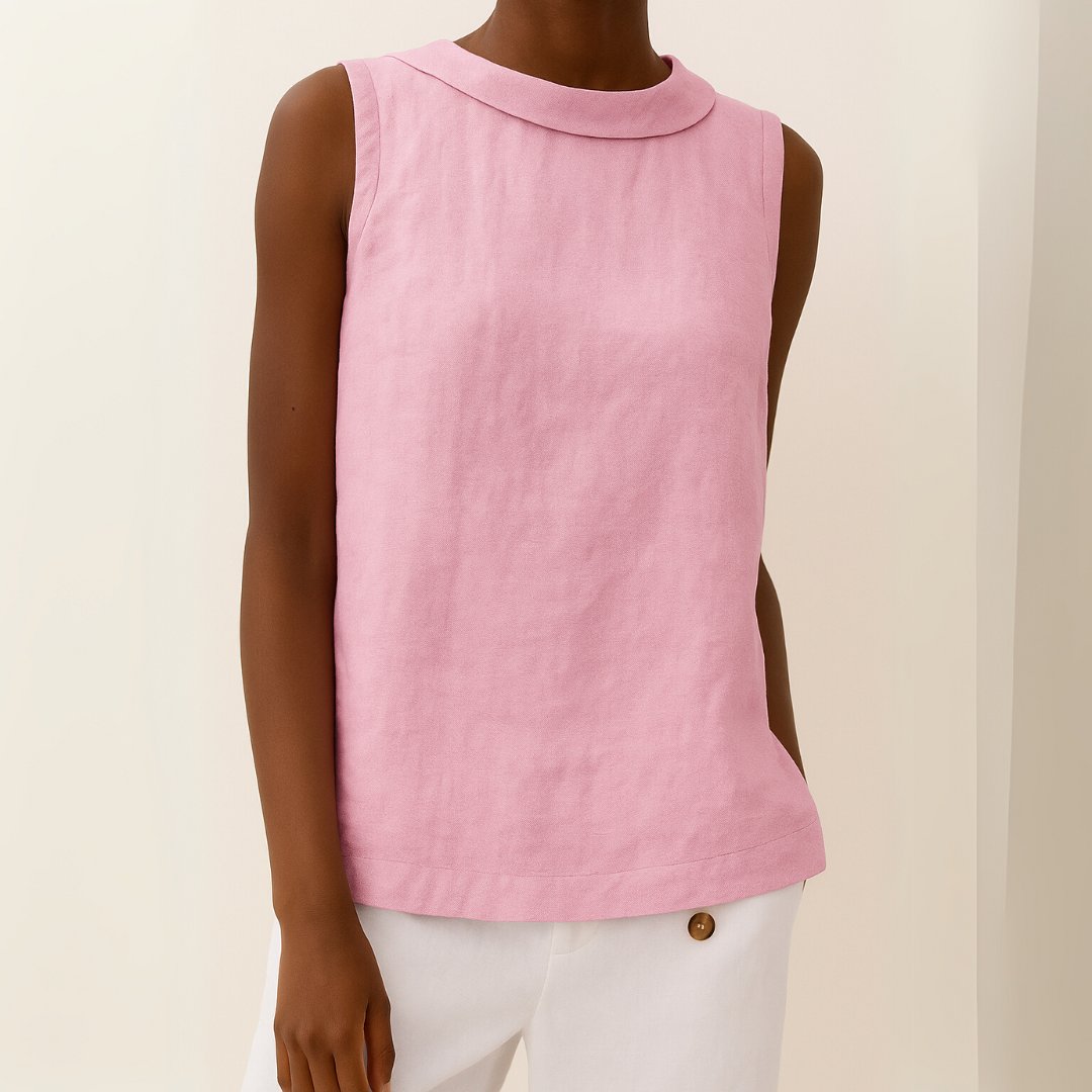 Women's Sleeveless Roll-Collar Linen-Blend Blouse - Pink