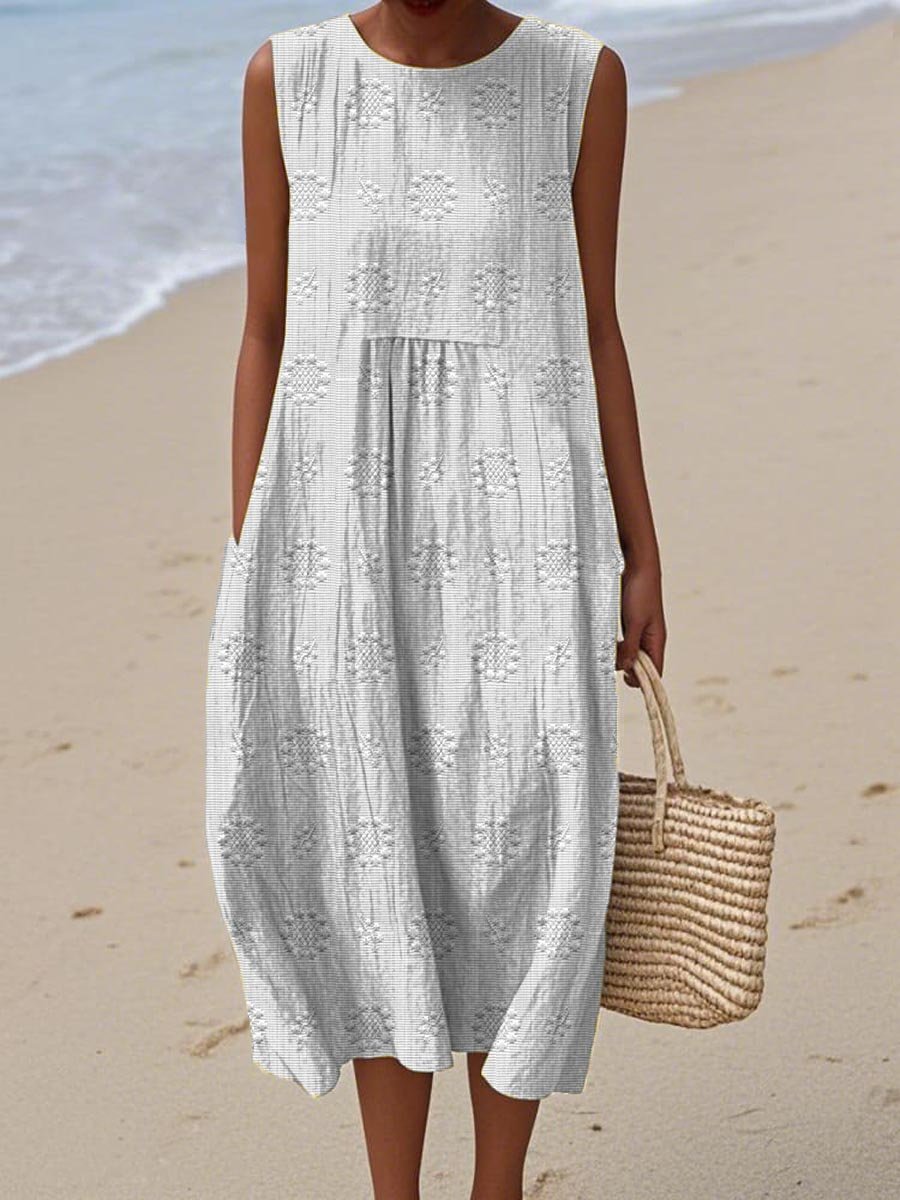 Women's Sleeveless Round-Neck Embroidered Relaxed-Fit Midi Dress - White