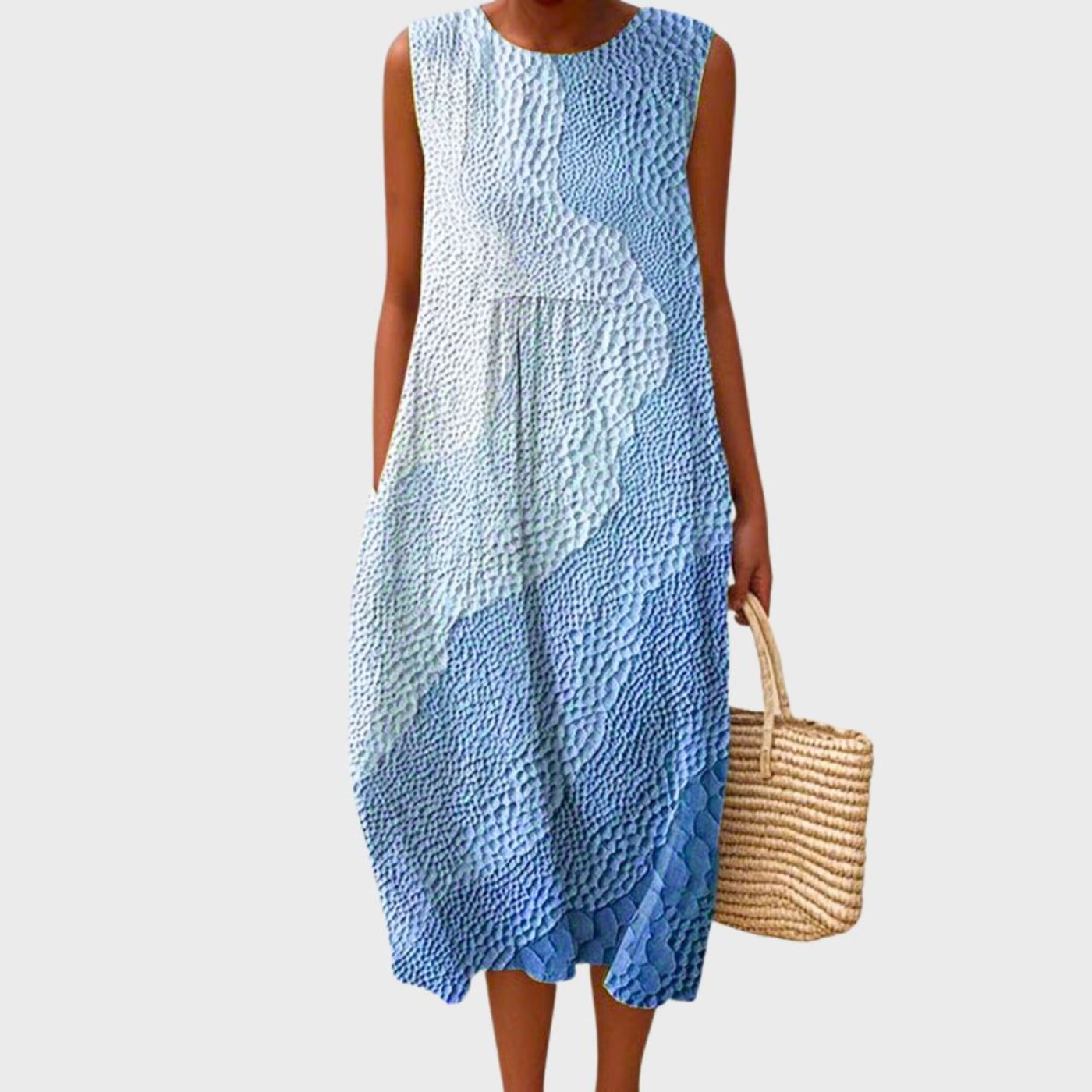 Women's Sleeveless Tiered Linen Plaid Midi Dress - Steel Blue