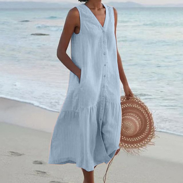 Women's Sleeveless V-Neck Button-Front Relaxed Midi Dress - Blue