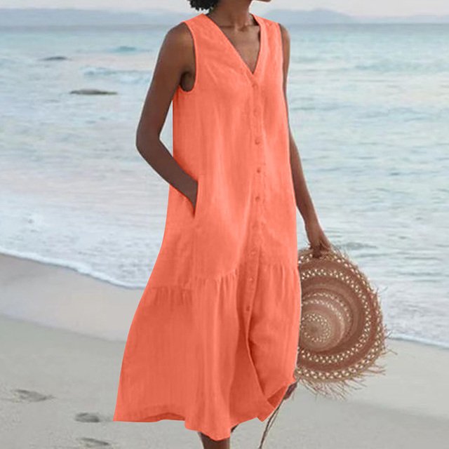 Women's Sleeveless V-Neck Button-Front Relaxed Midi Dress - Orange