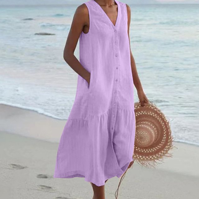 Women's Sleeveless V-Neck Button-Front Relaxed Midi Dress - Purple