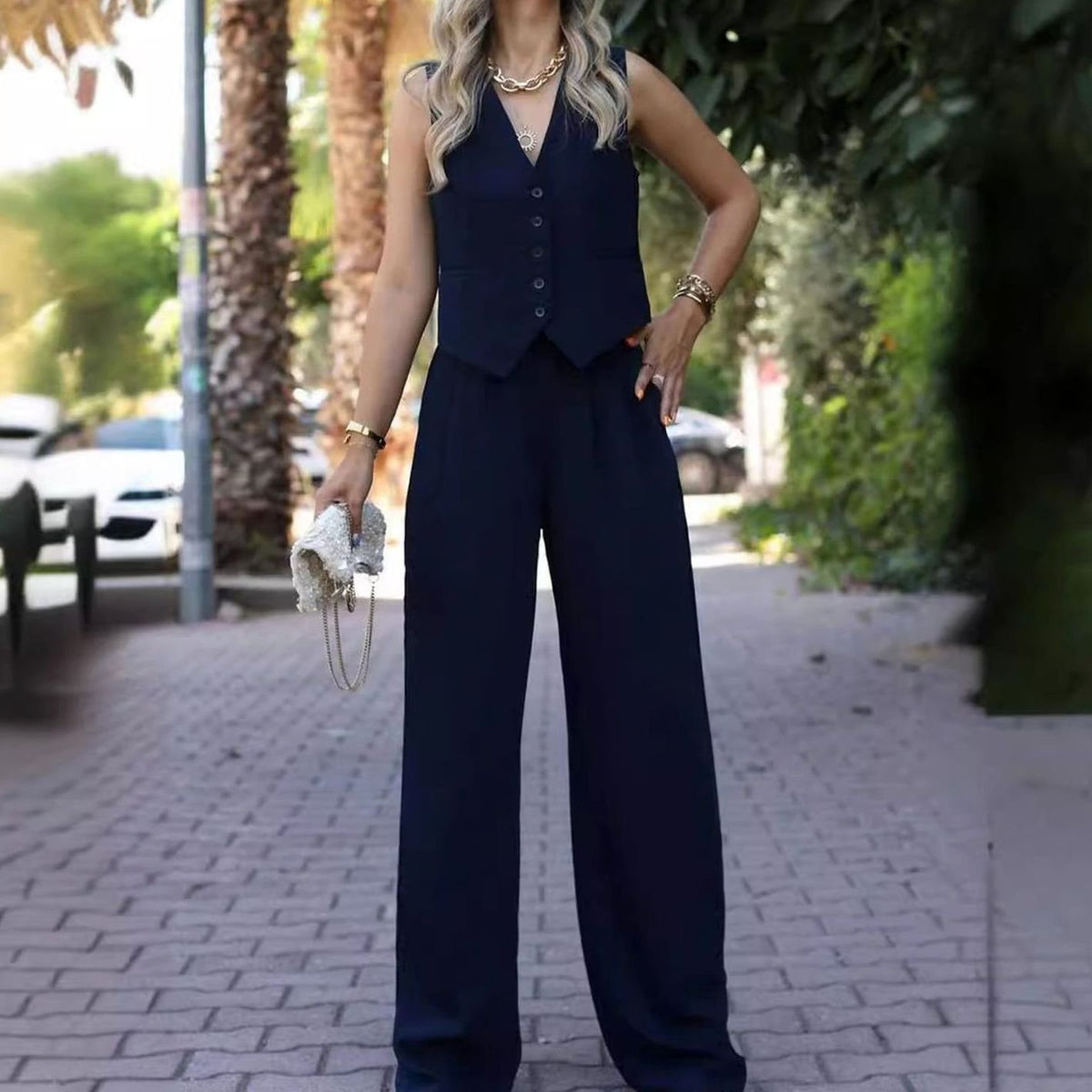 Women's Sleeveless V-Neck Waistcoat Wide-Leg Trouser Two-Piece Set