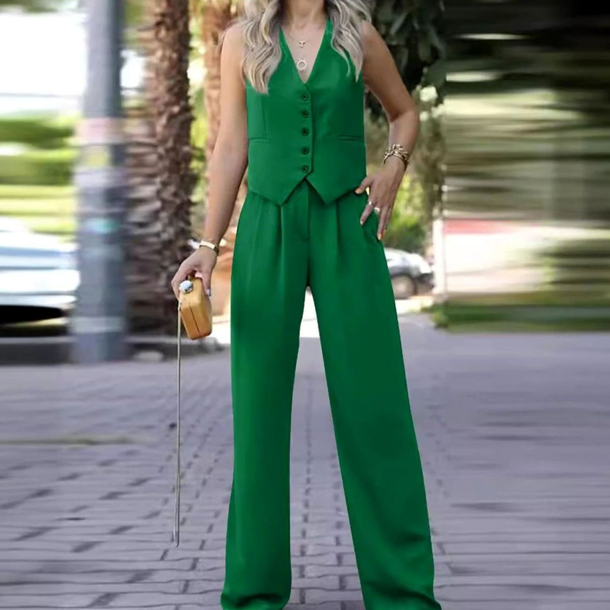 Women's Sleeveless V-Neck Waistcoat Wide-Leg Trouser Two-Piece Set