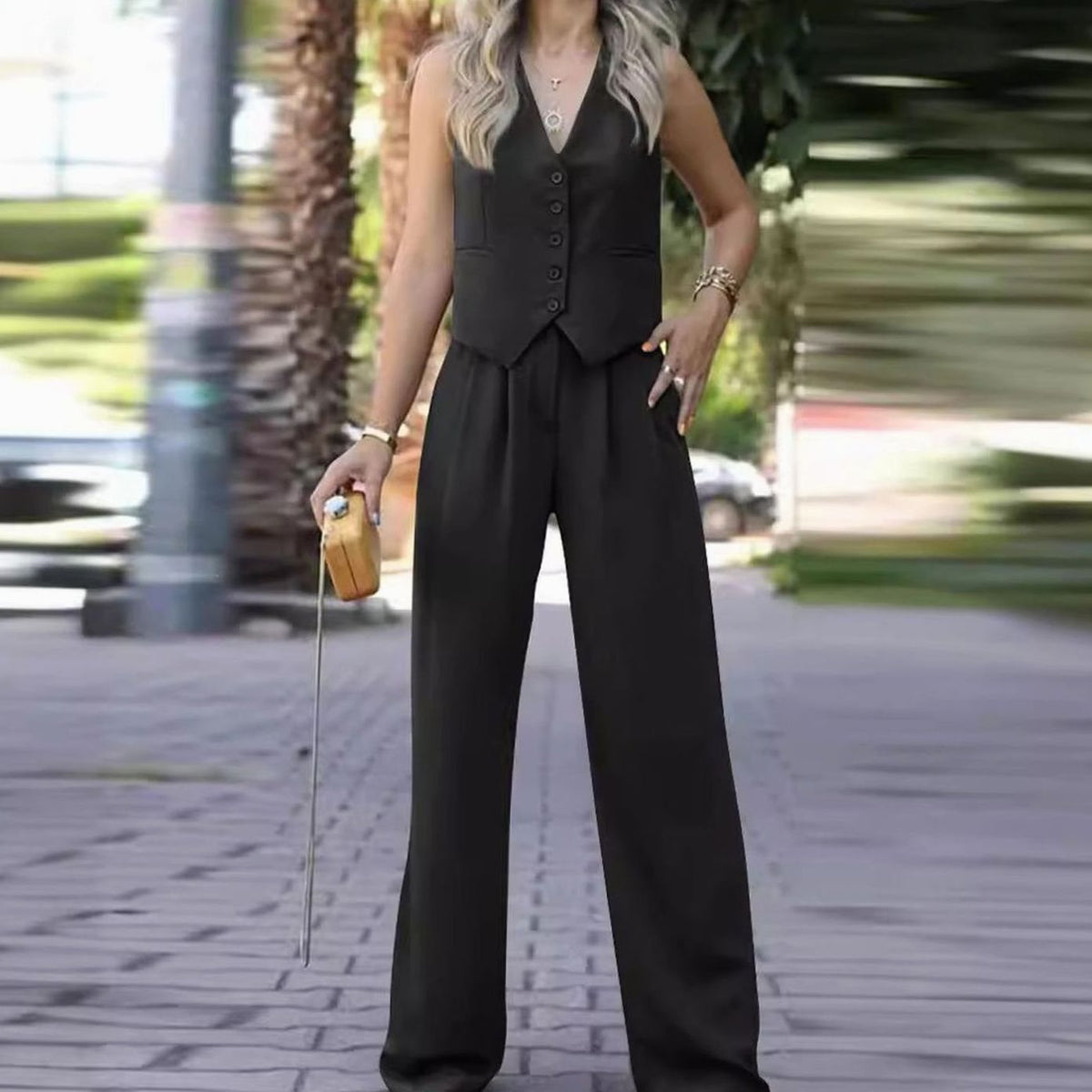 Women's Sleeveless V-Neck Waistcoat Wide-Leg Trouser Two-Piece Set