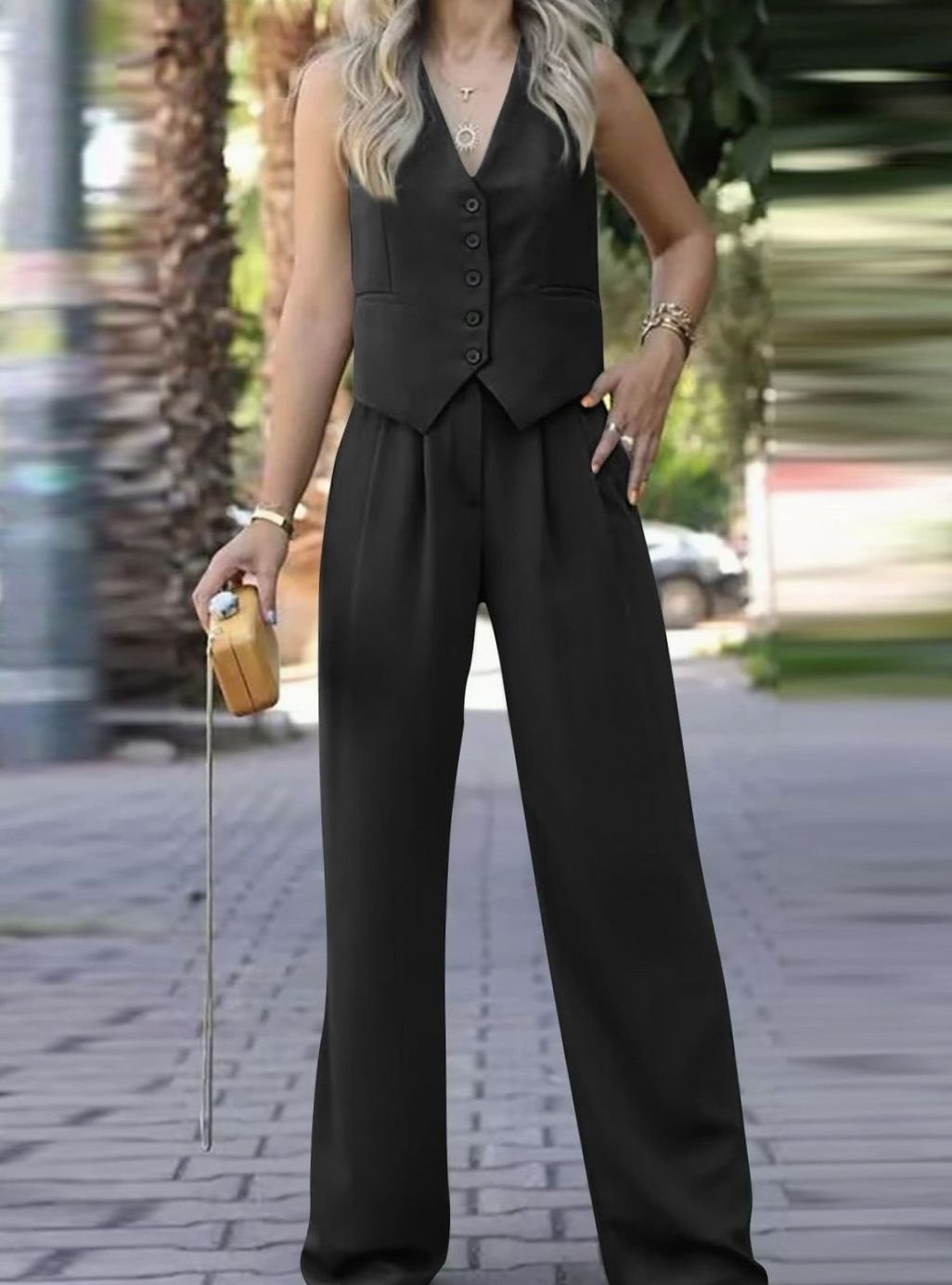 Women's Sleeveless V-Neck Waistcoat Wide-Leg Trouser Two-Piece Set - Black
