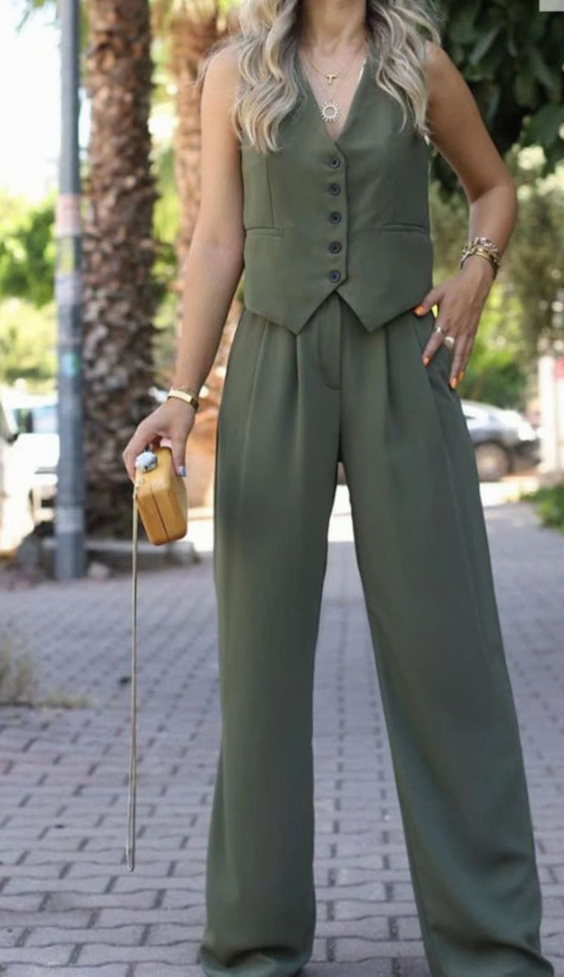 Women's Sleeveless V-Neck Waistcoat Wide-Leg Trouser Two-Piece Set - Army Green