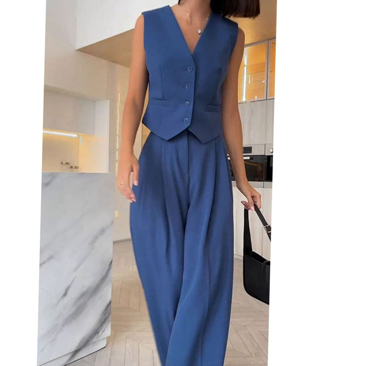 Women's Sleeveless V-Neck Waistcoat Wide-Leg Trouser Two-Piece Set - Denim Blue