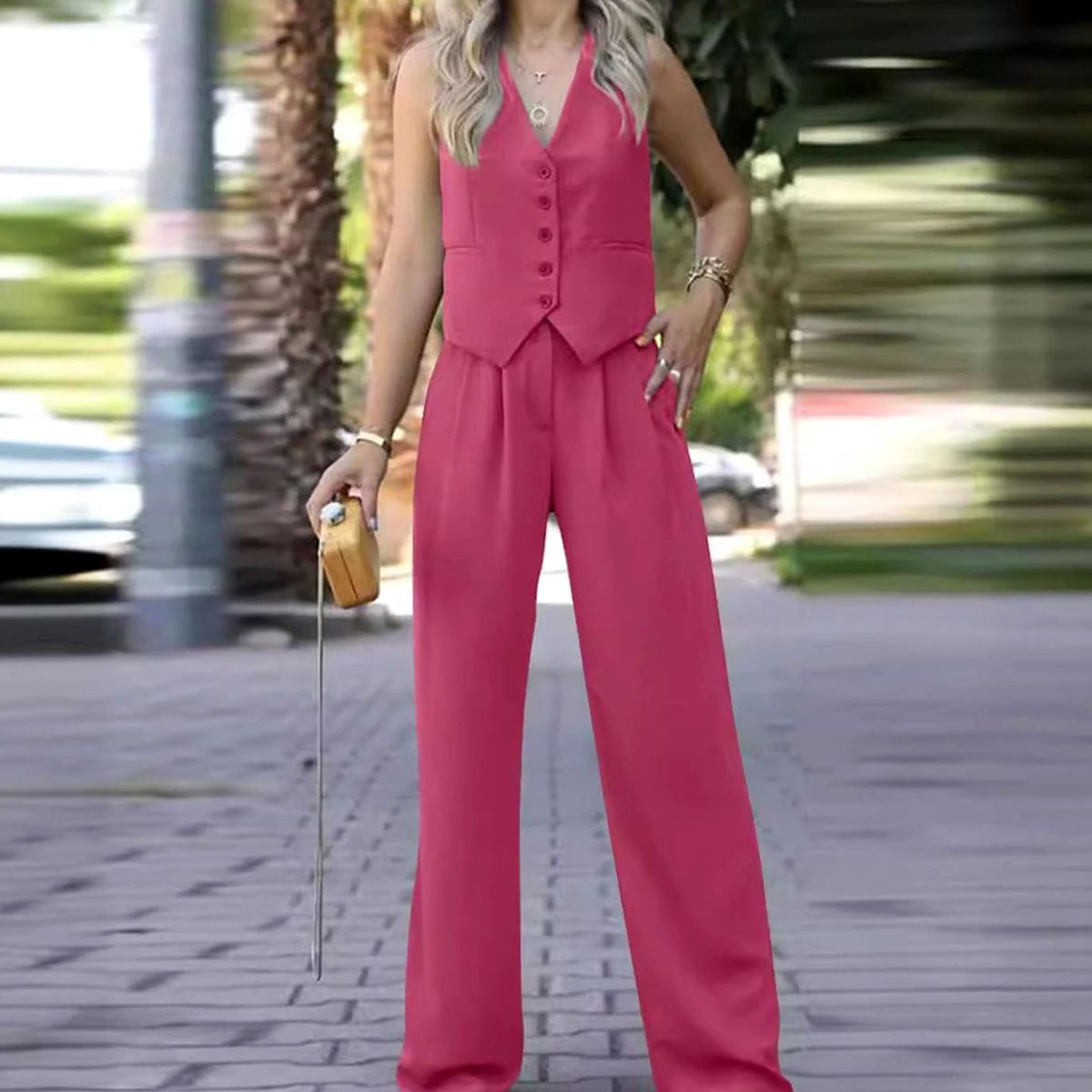 Women's Sleeveless V-Neck Waistcoat Wide-Leg Trouser Two-Piece Set - Rose Red