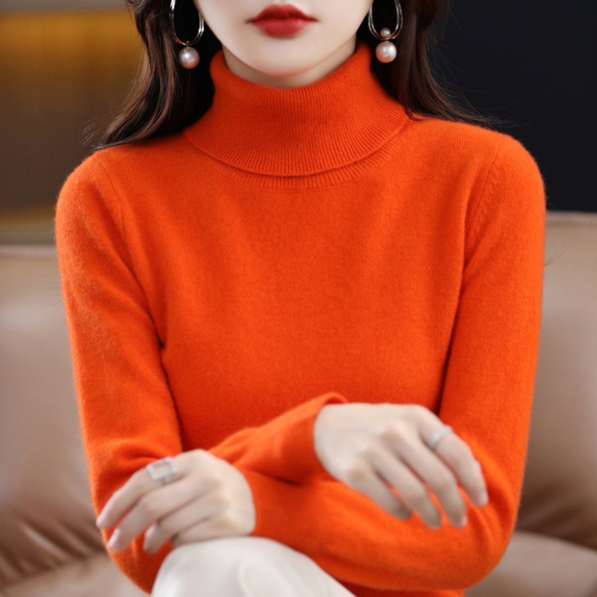 Women's Slim-Fit Cashmere Blend Turtleneck Jumper - Orange